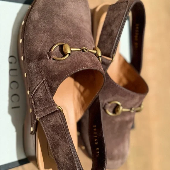 Gucci Brown Suede Mules with Gold Accents - Picture 3 of 7